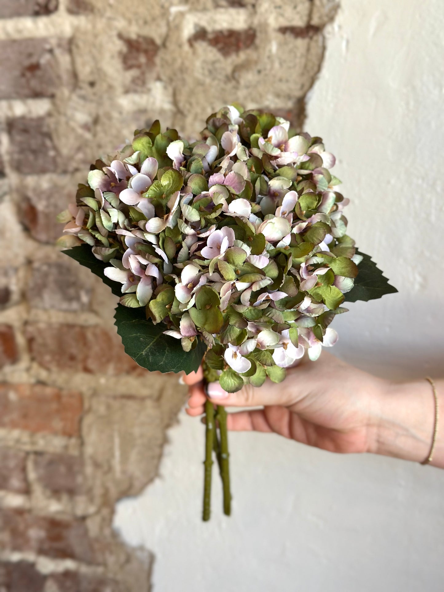 13" Vintage Hydrangea Bouquet- Moss/Green