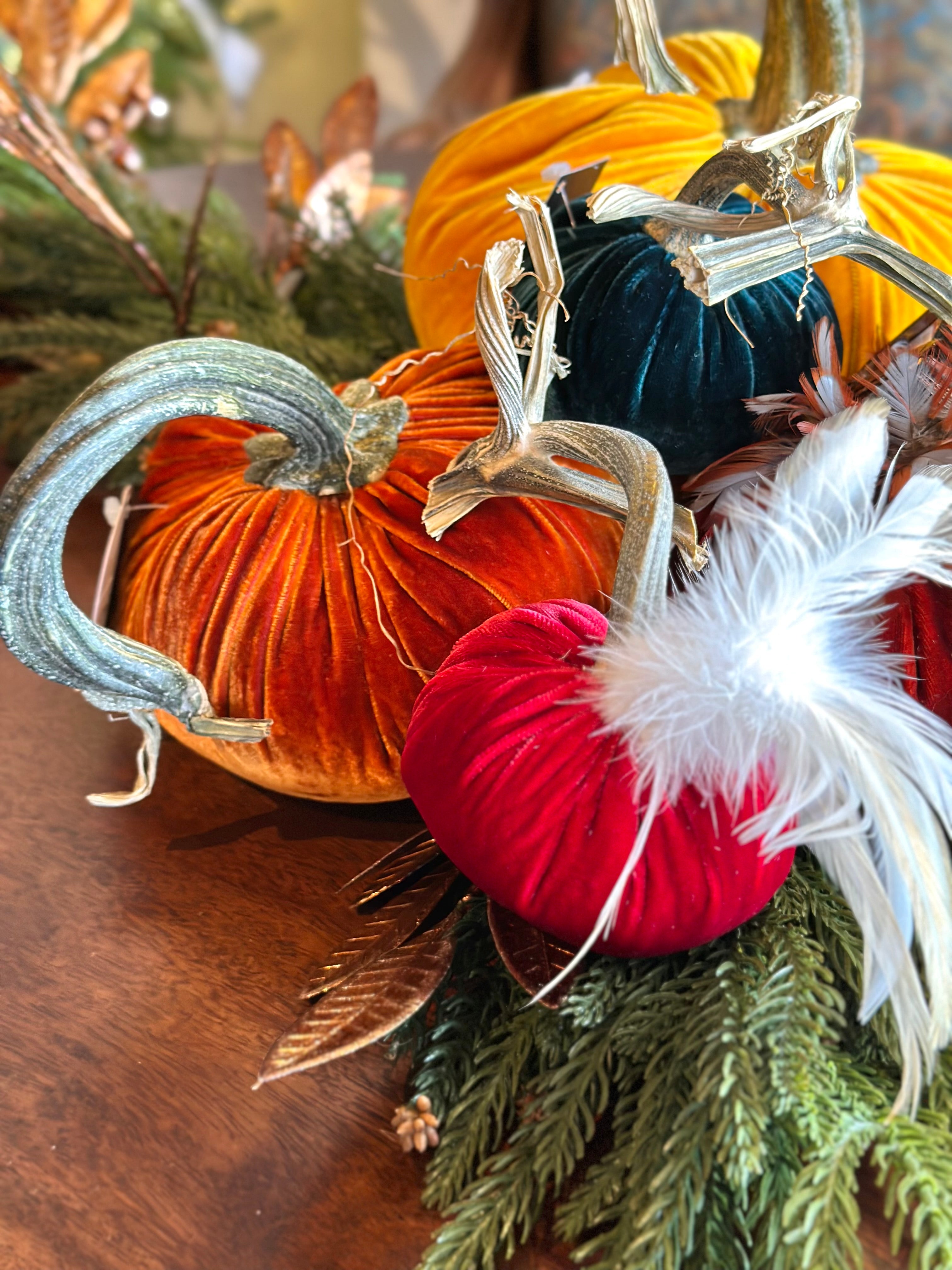 4” Hot Skwash Pumpkin with Feather Plume