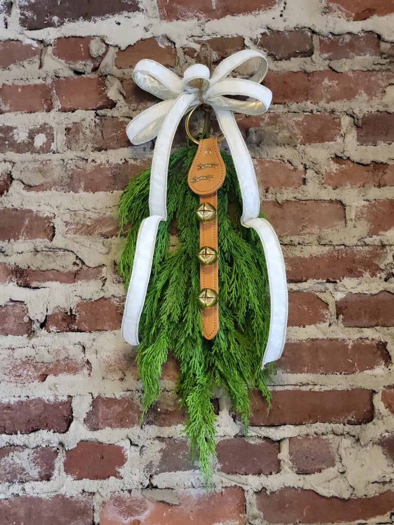 White Velvet Ribbon w/ Tan Leather Strap Bell (Fox)