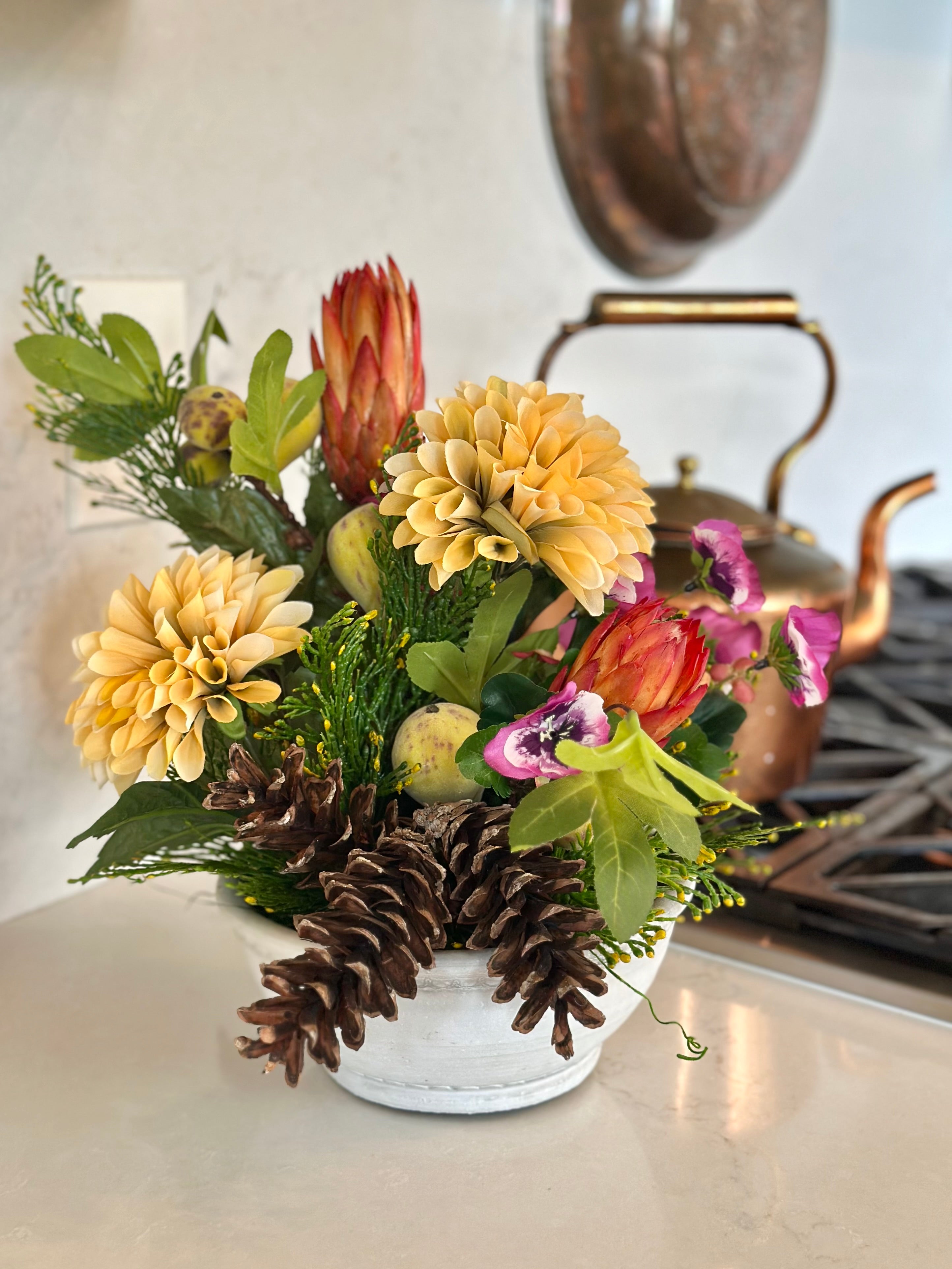 Dahlia, Repen, Pinecones, and Pear Arrangement