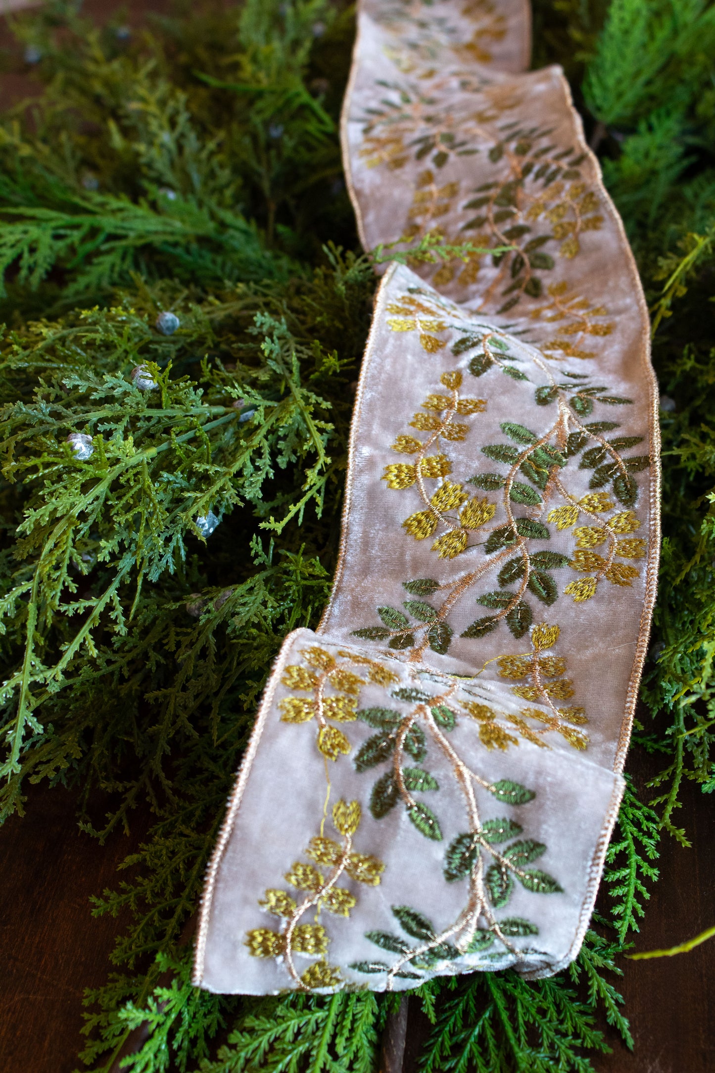 4" Green & Gold Vine Ribbon, Platinum