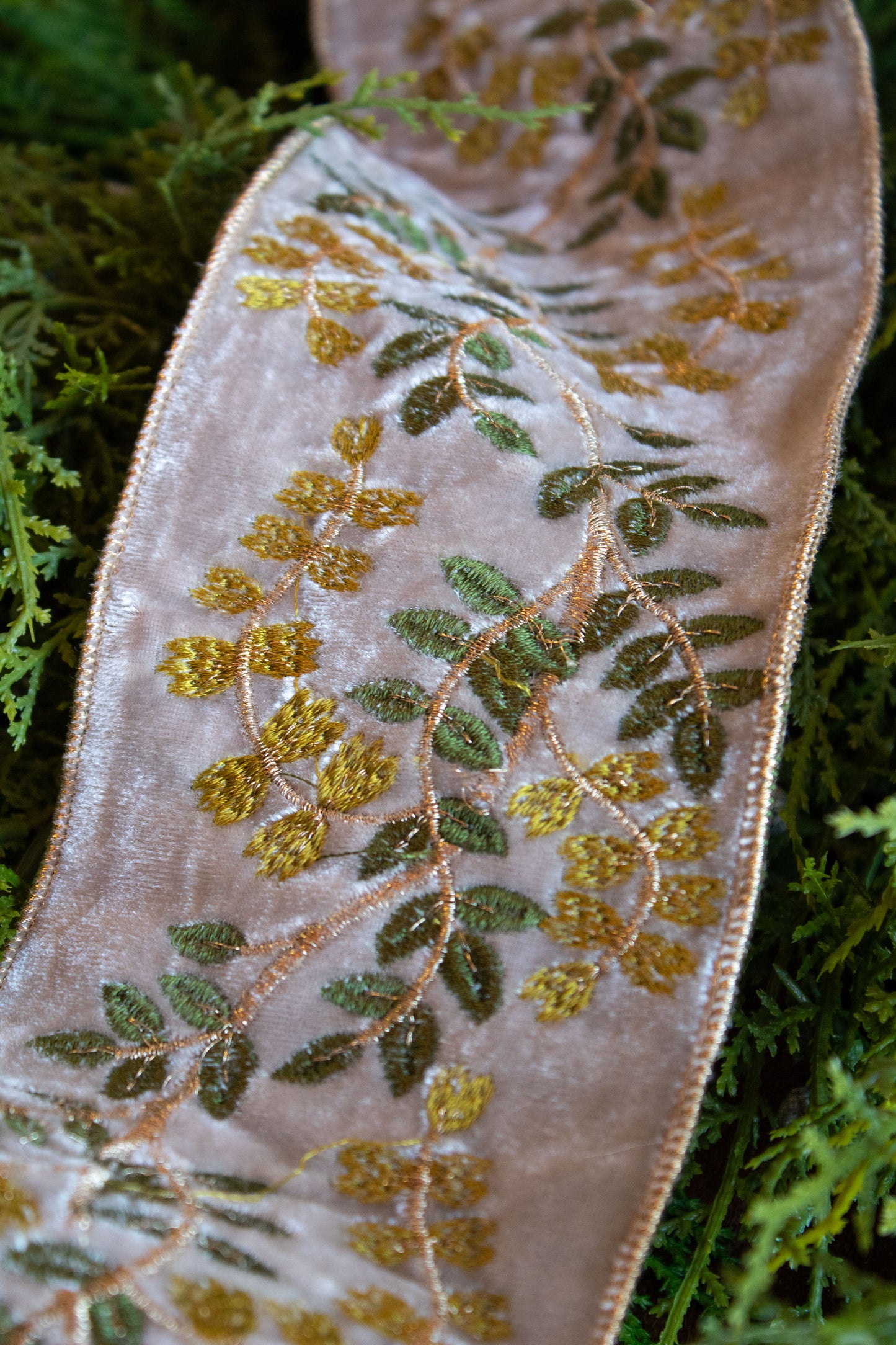 4" Green & Gold Vine Ribbon, Platinum