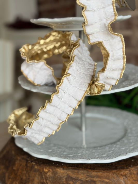 1.5” White Velvet Pleated Metallic Dupion, Sold by the yard
