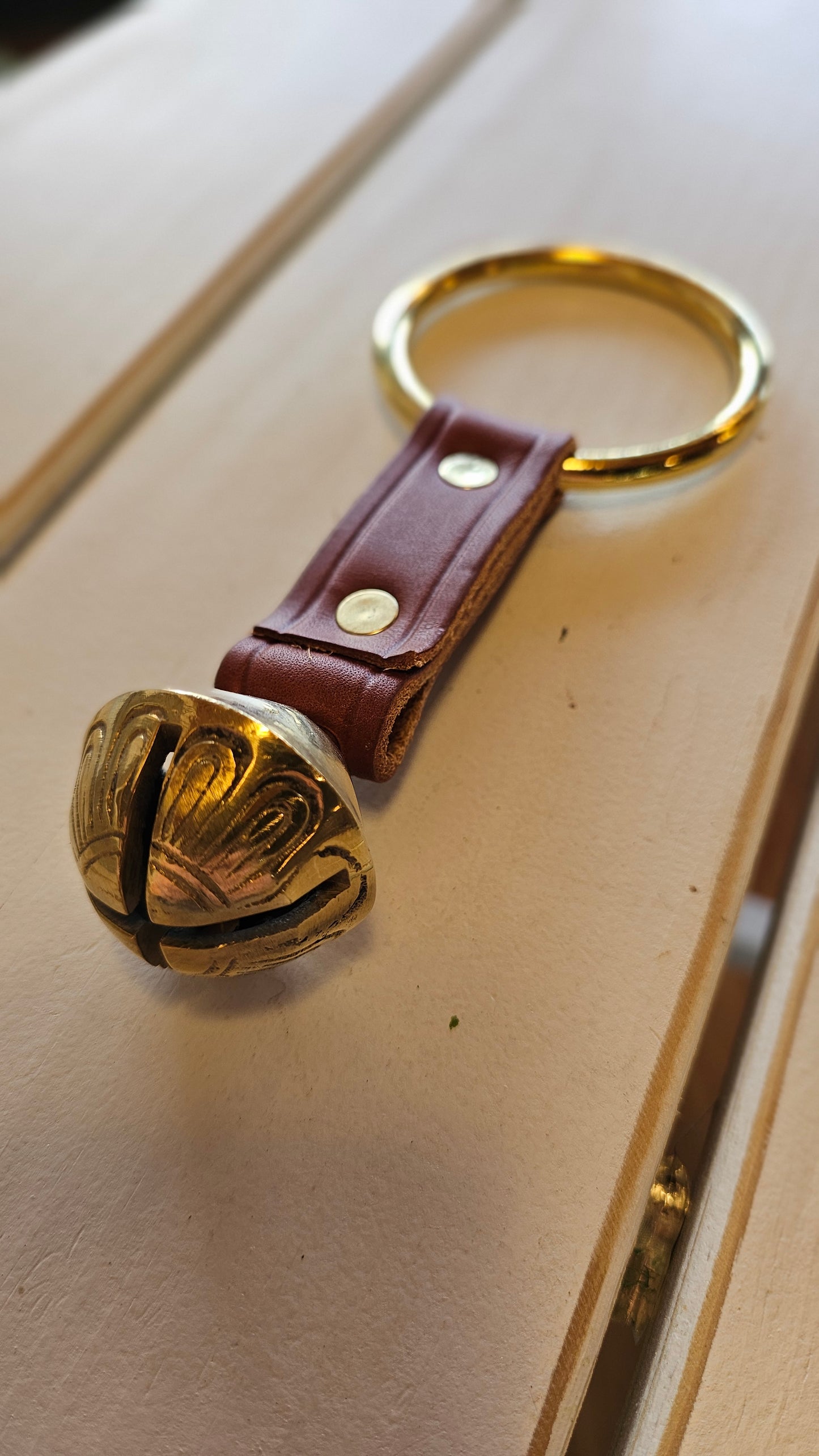 Short "Harness Remnant" Solid Brass Belsnickel Bell w/ Large Ring - Chestnut