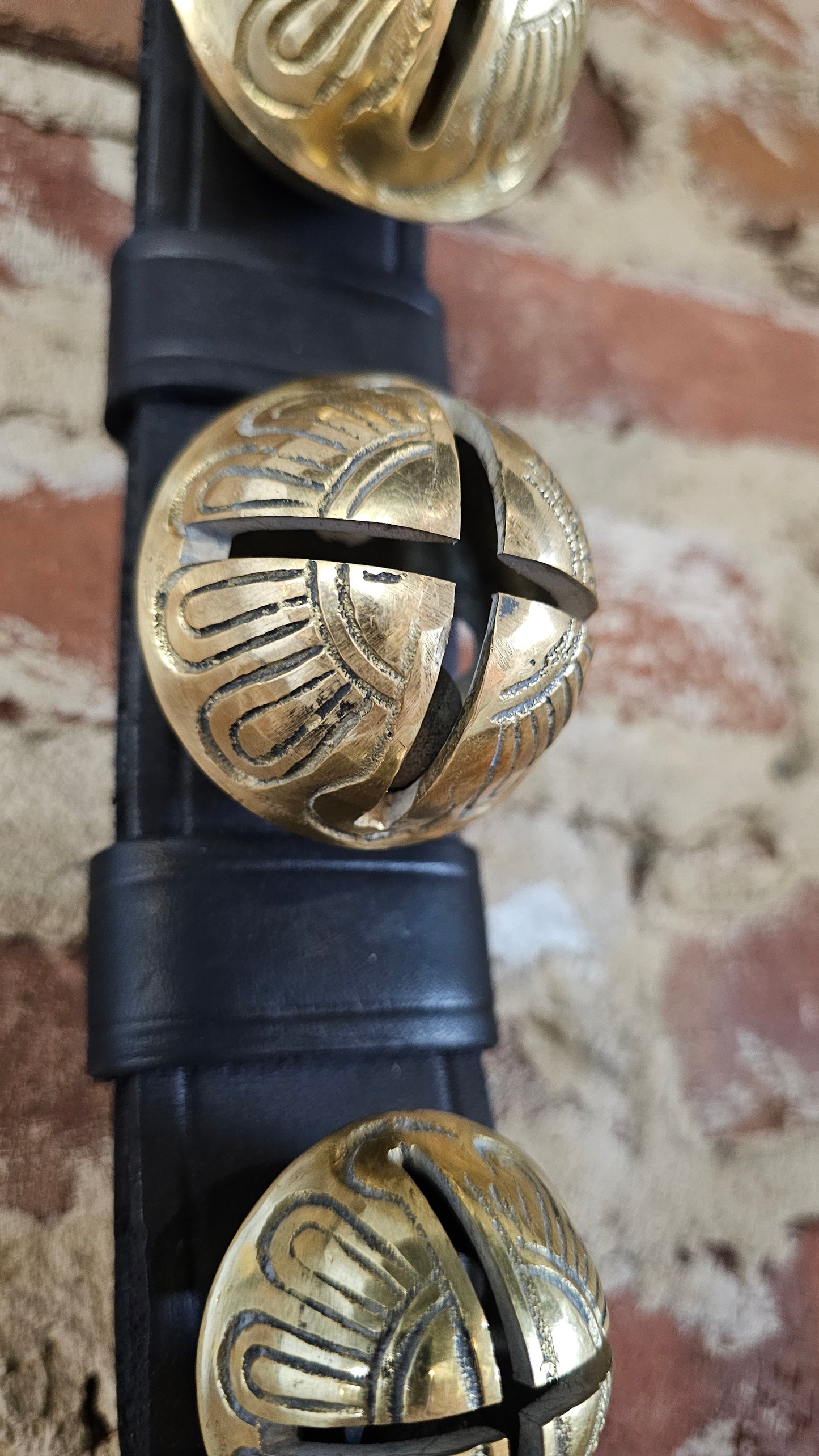 8 Solid Brass Belsnickel Bells on Black Strap w/ Ring on Ends