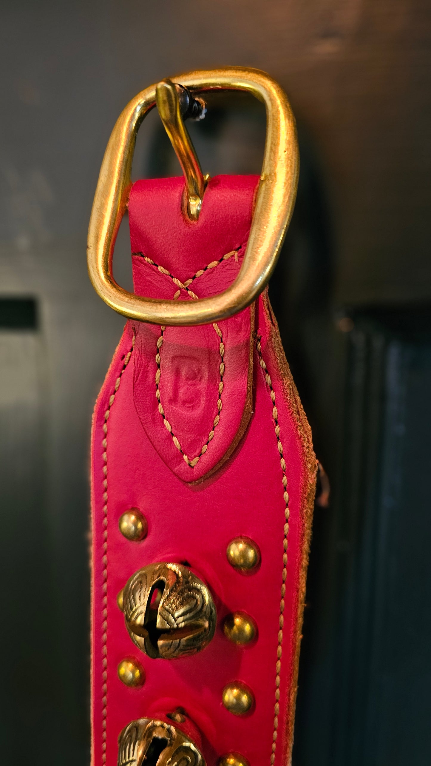 29 Solid Brass Belsnickel Bells on Red Stitched & Studded Strap w/ Large Ring