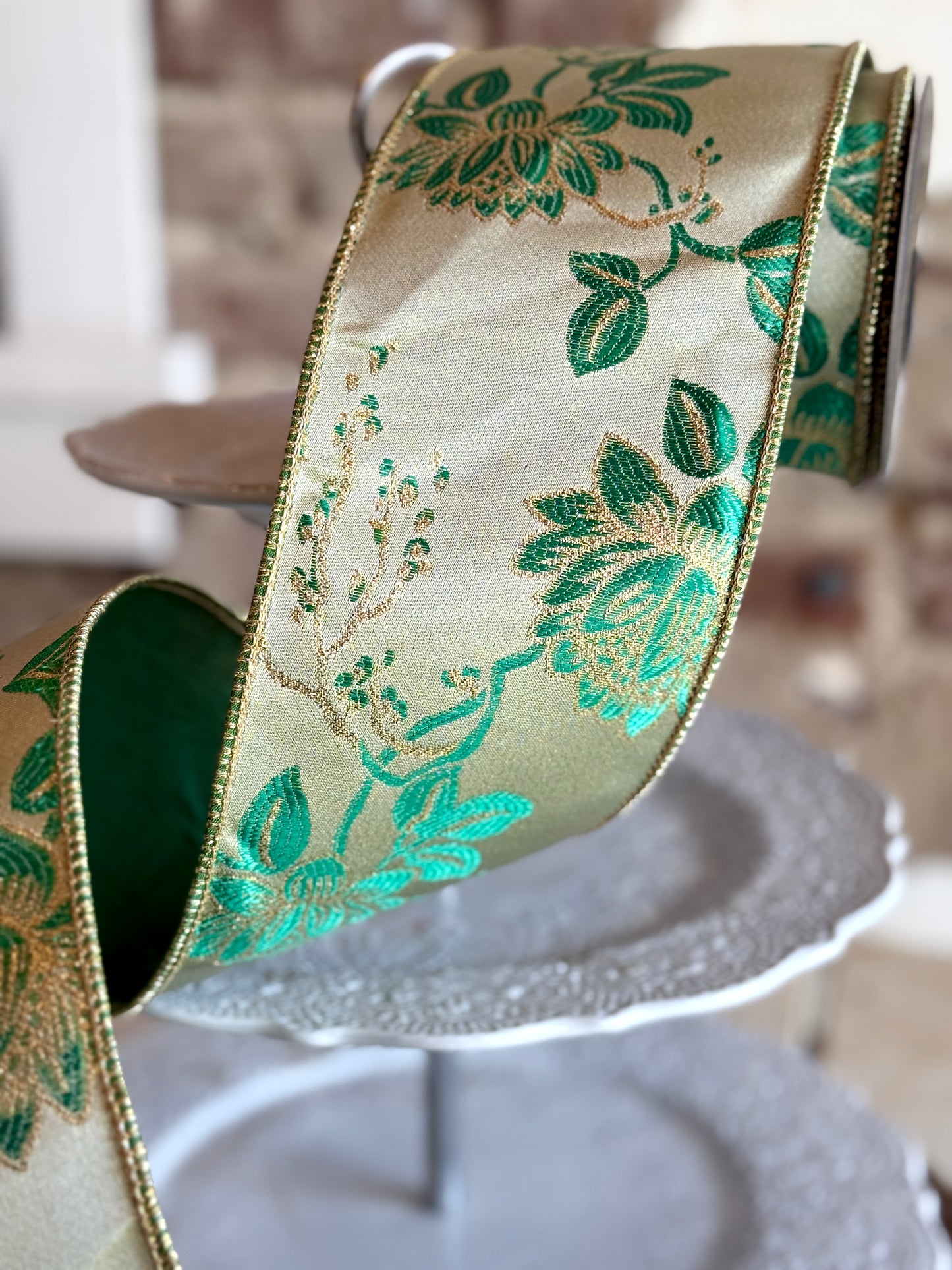 4” Floral Jacquard, Green, Sold by the yard