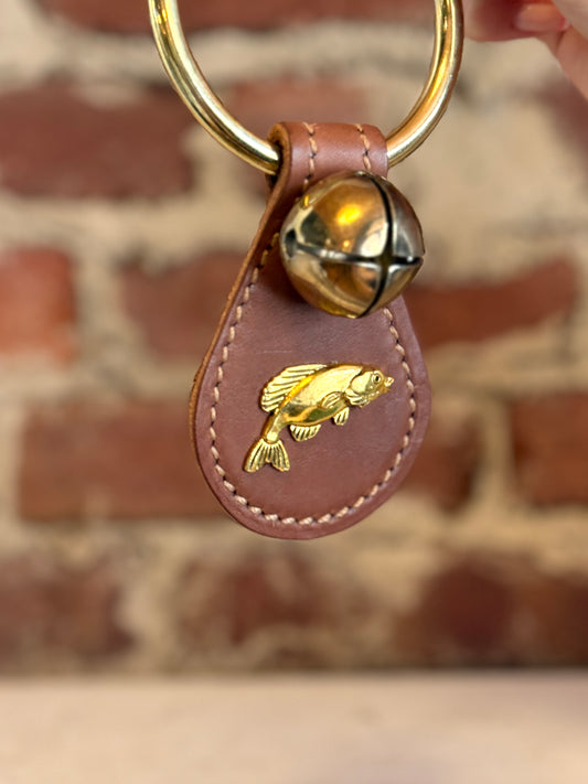 Bass Fish with Single Brass Bell on Ring- Brown Leather