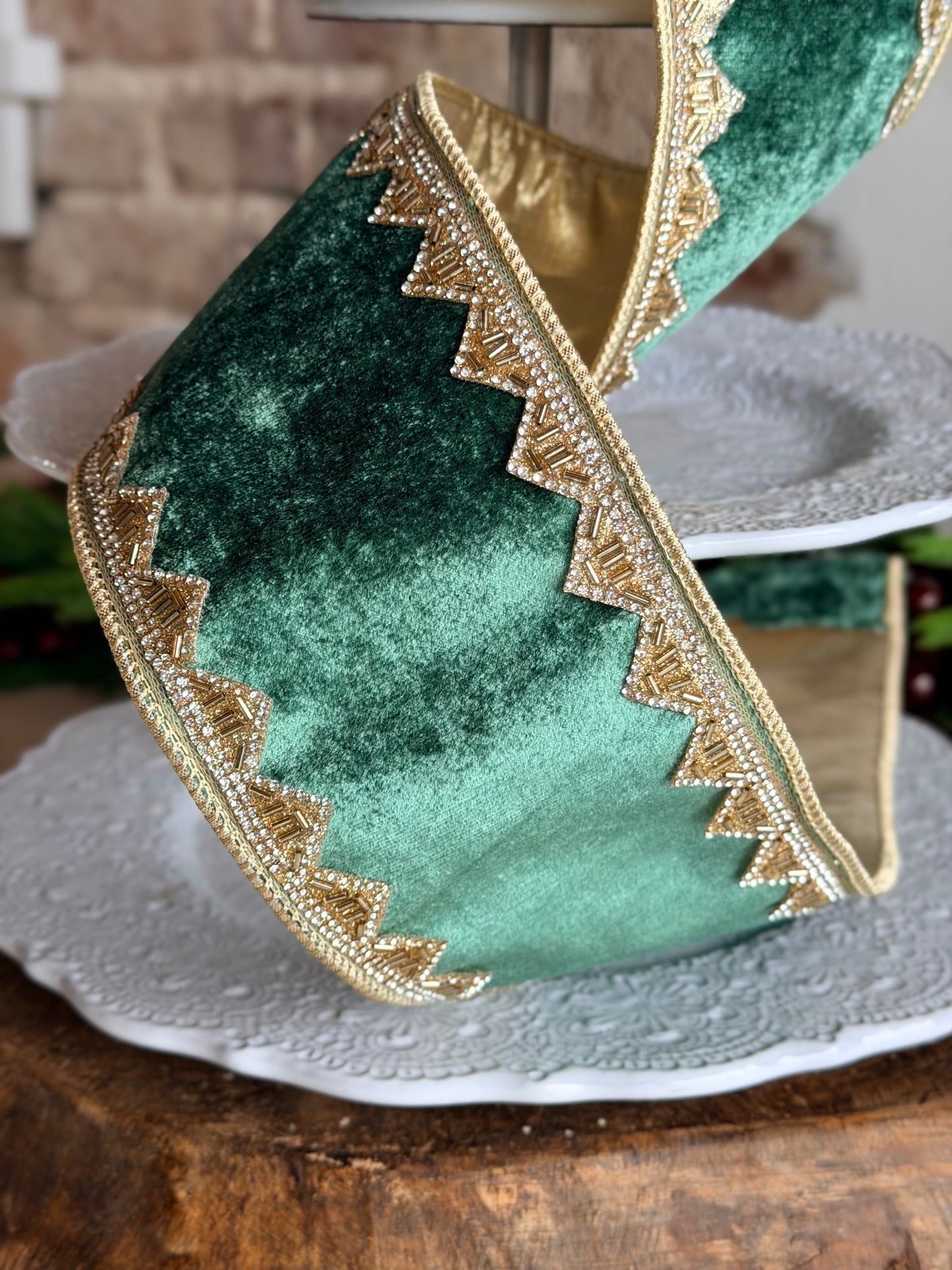 4" BEADED JEWEL TRIM ROYAL VELVET, Green - SOLD BY THE YARD