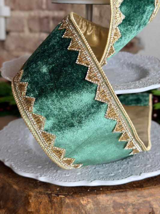 4" BEADED JEWEL TRIM ROYAL VELVET, Green - SOLD BY THE YARD