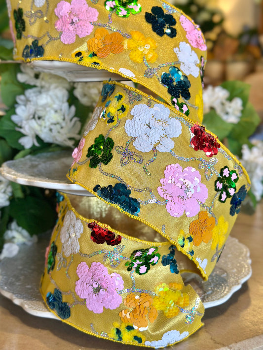 4" Metallic Multicolor Sequin Floral, Yellow