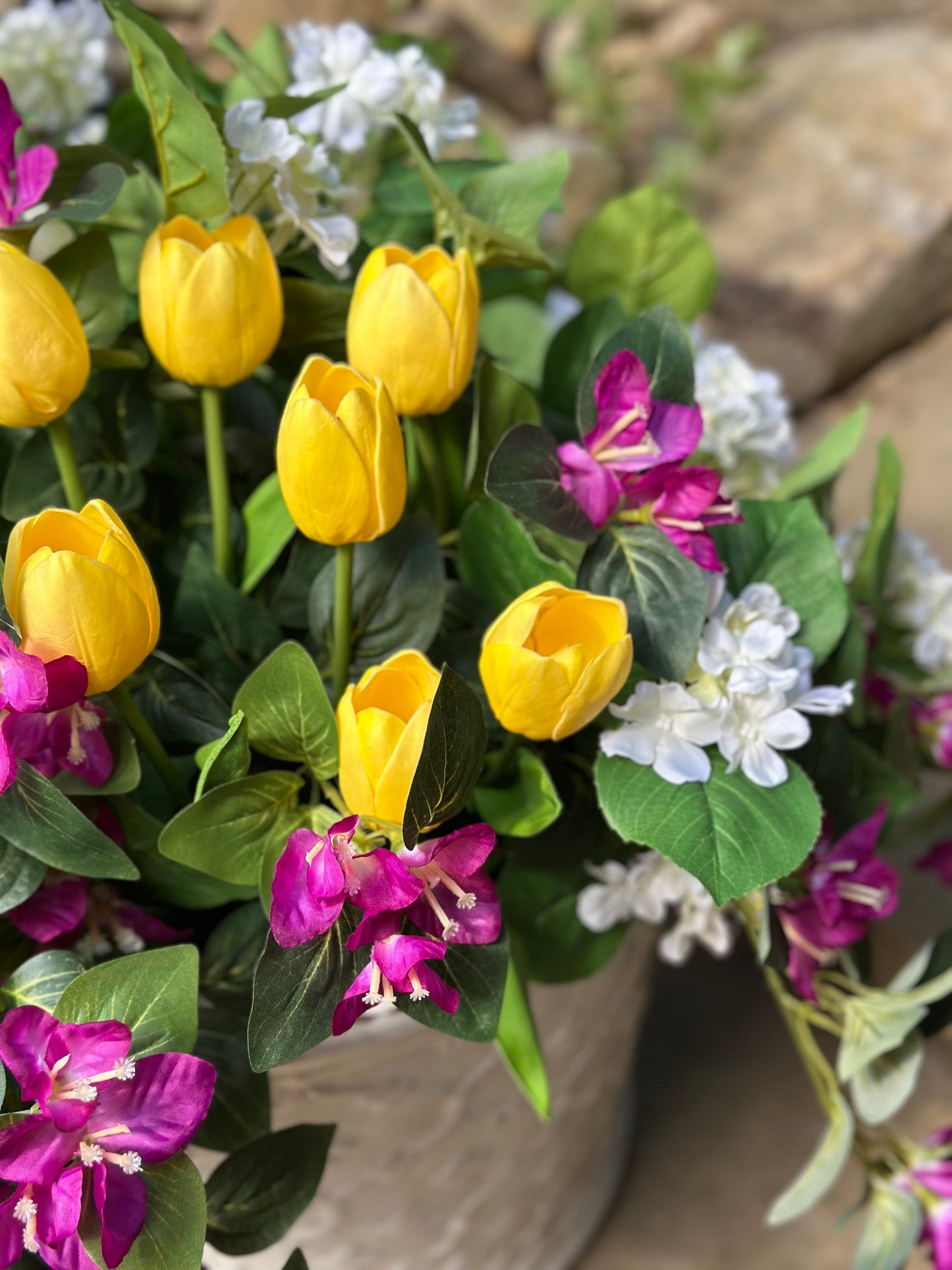 Yellow Tulip, Bougainvillea, Hydrangea Planter