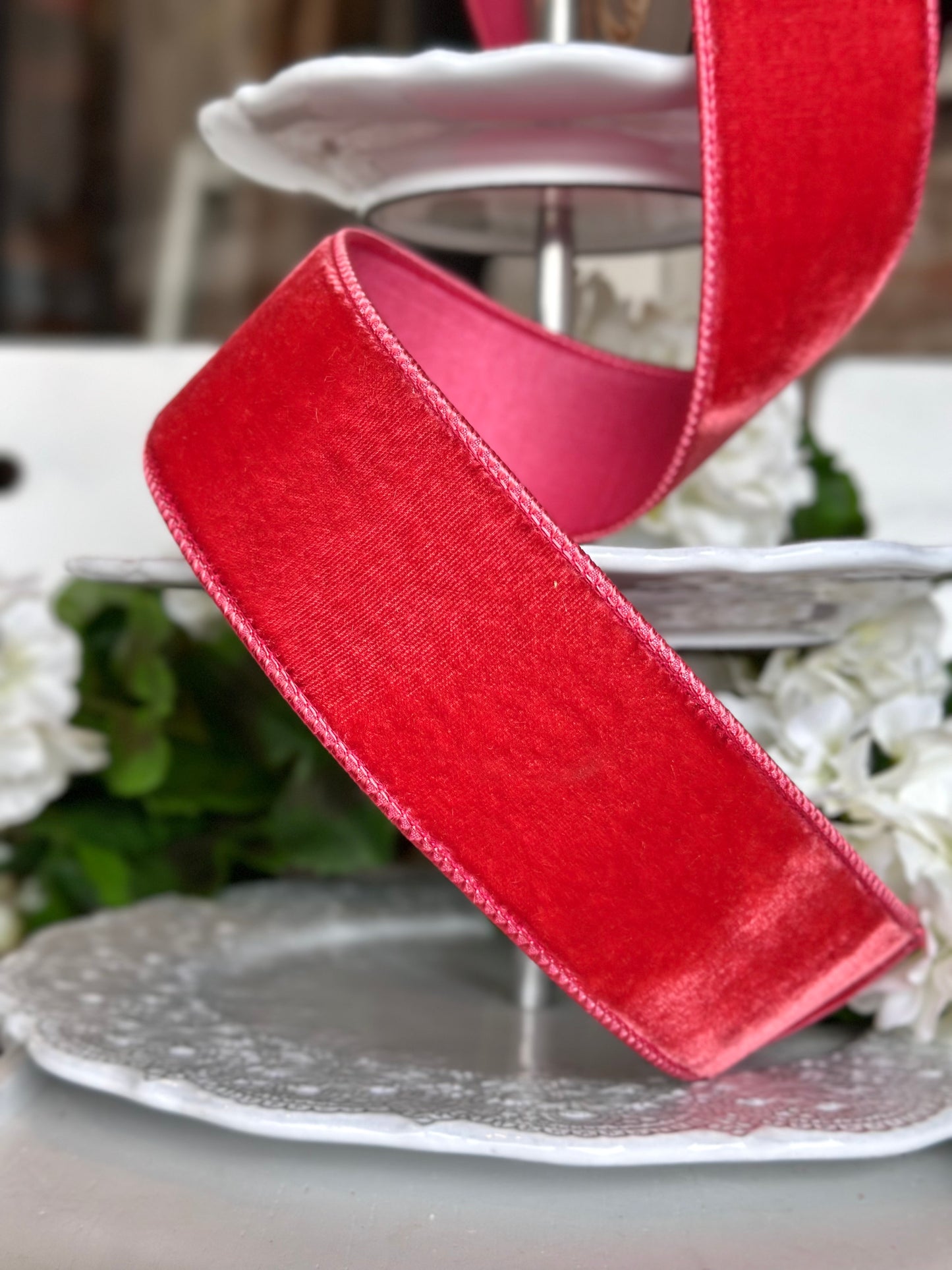 2.5" wide, lush velvet coral dupion back, dark coral