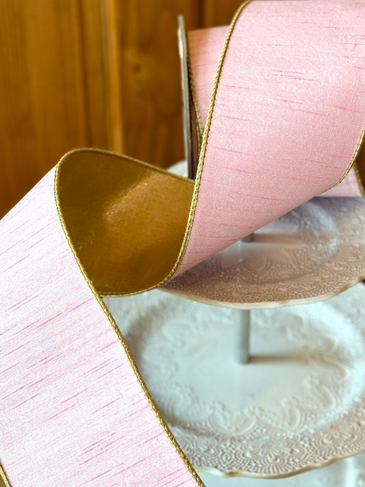 4" Wide, slub dupion metallic gold back, light pink.