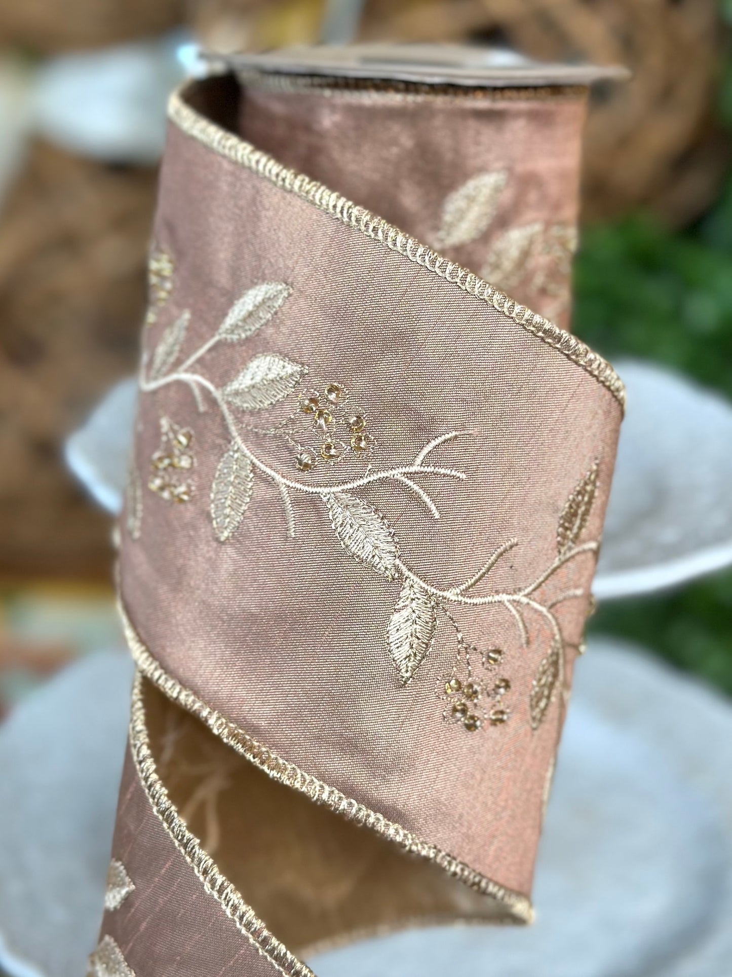 4" dupion embroidery leaves beaded berries, mocha gold