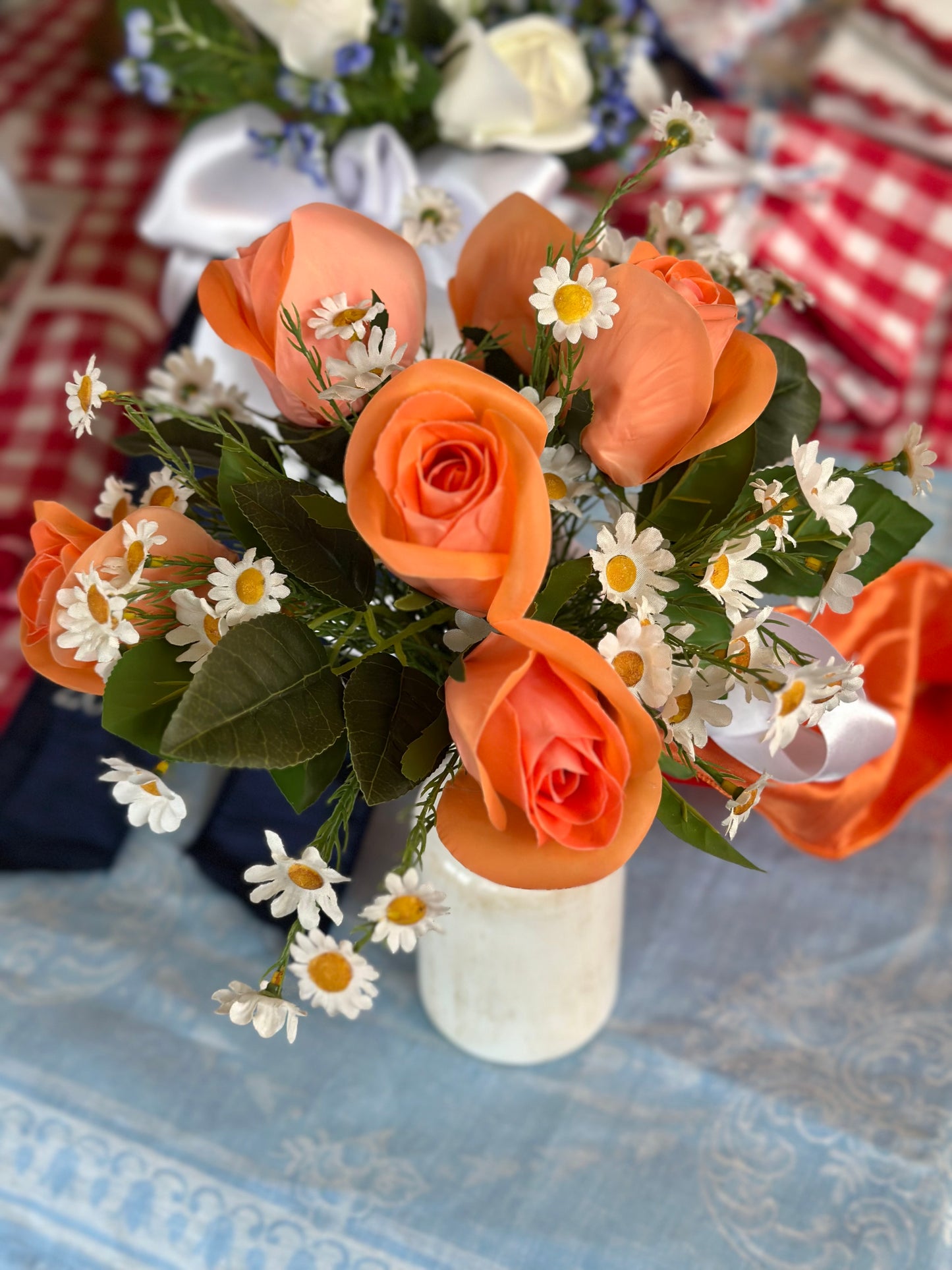 White Daisy & Orange Roses Bouquet