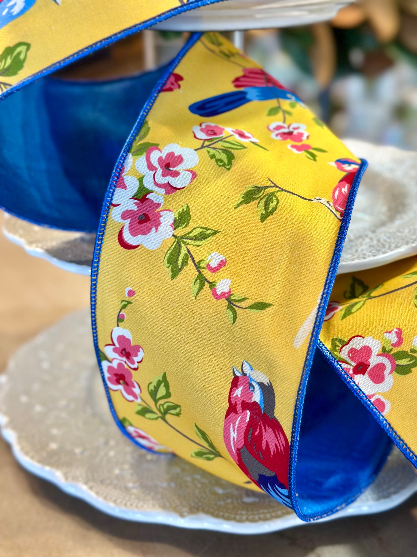 4" Wide, canvas blue birds cherry blossom, golden yellow pink blue