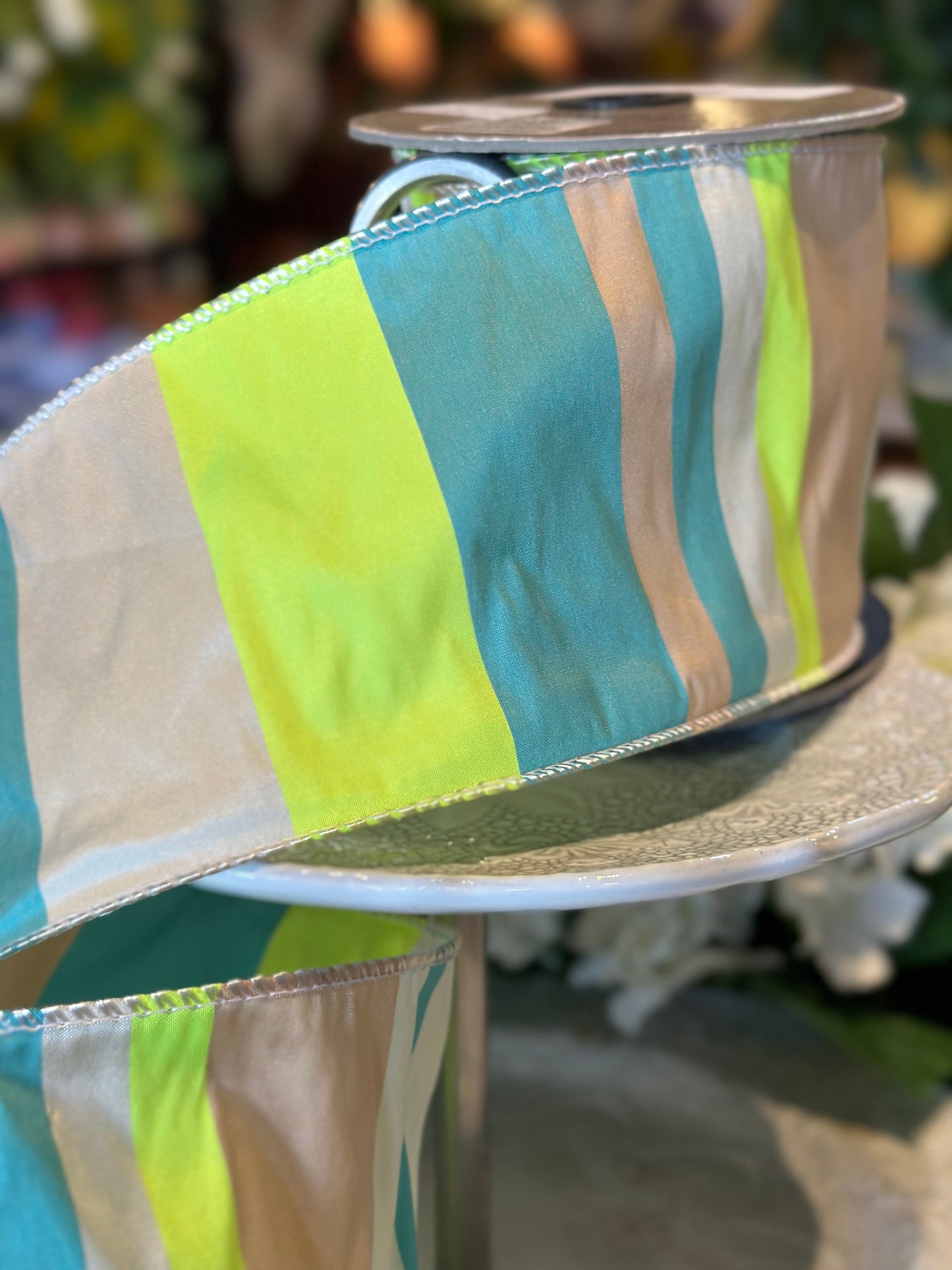 4" taffeta neon cabana stripe, green-teal-beige