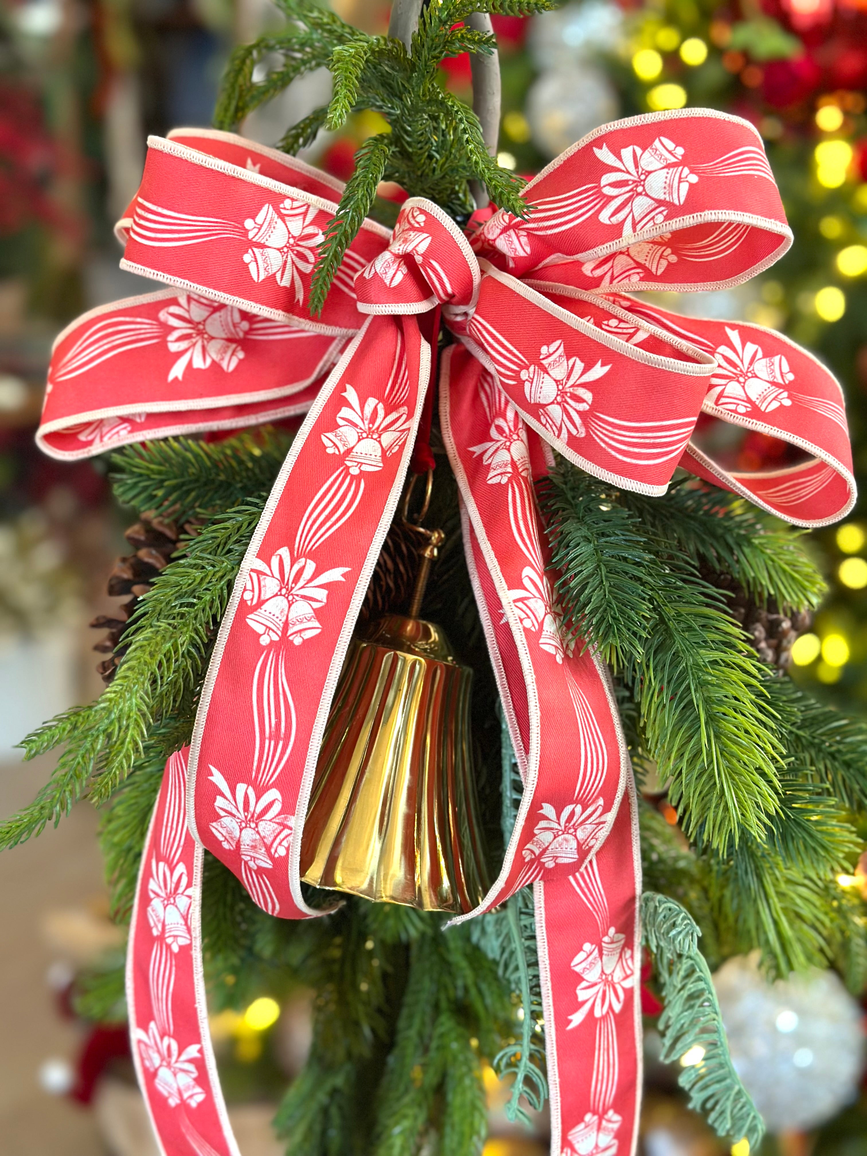 Vintage Red Bell and Bows Ribbon Swag