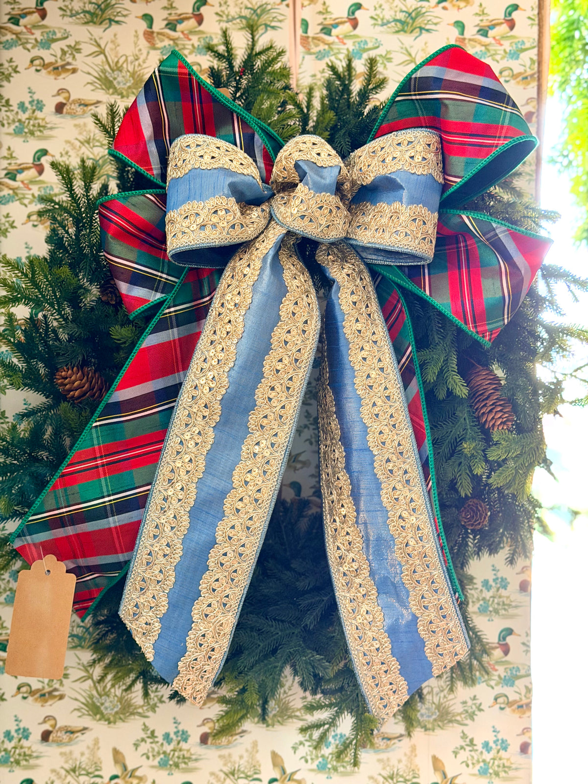 Plaid & Gold Lace Winter Bow