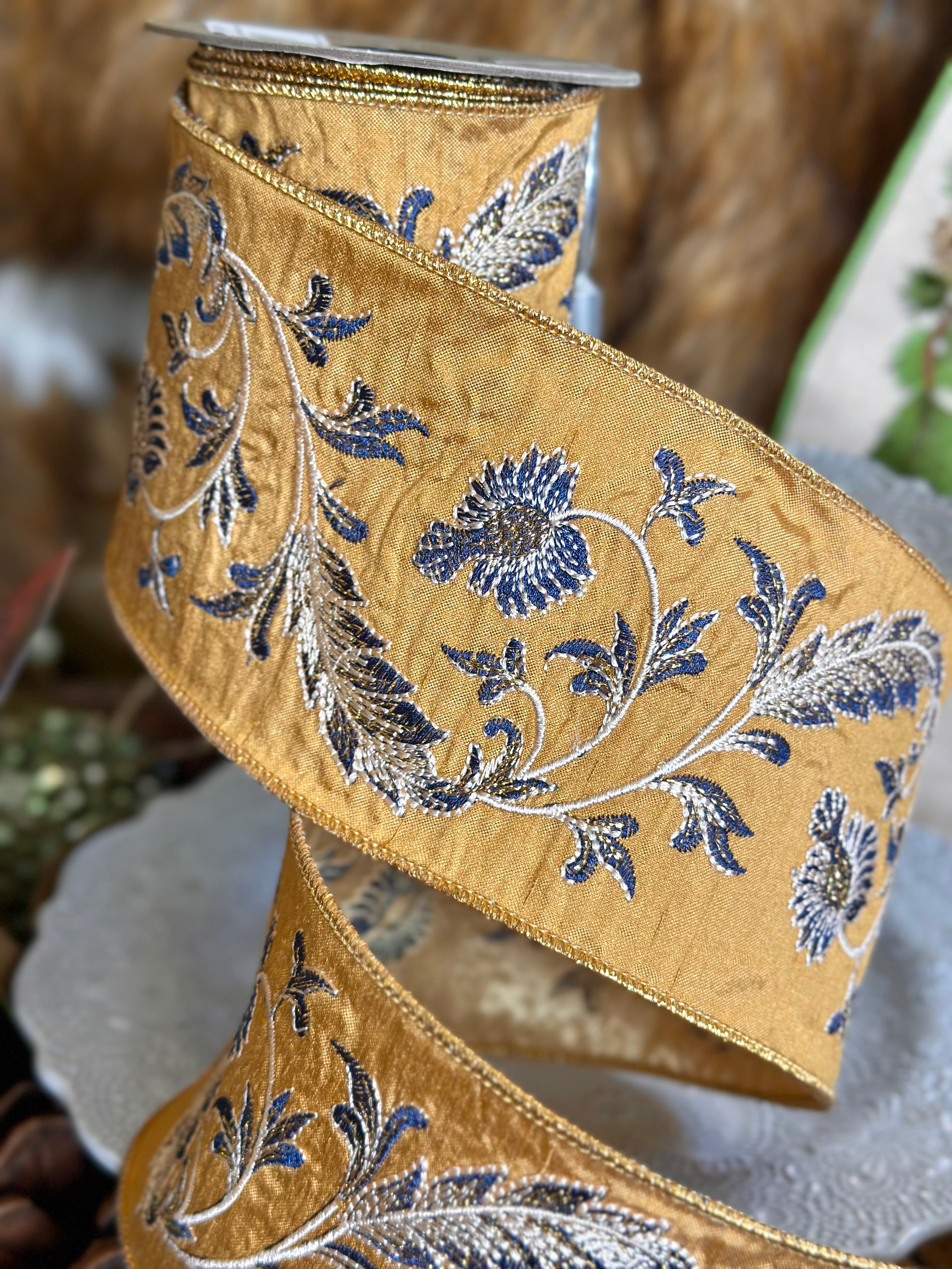 4" Dupion Embroidery Navy Blue White Floral, Gold