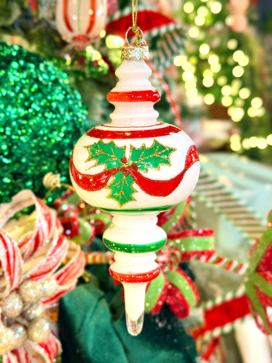 7.5" GLASS HOLLY RIBBON FINIAL ORNAMENT
