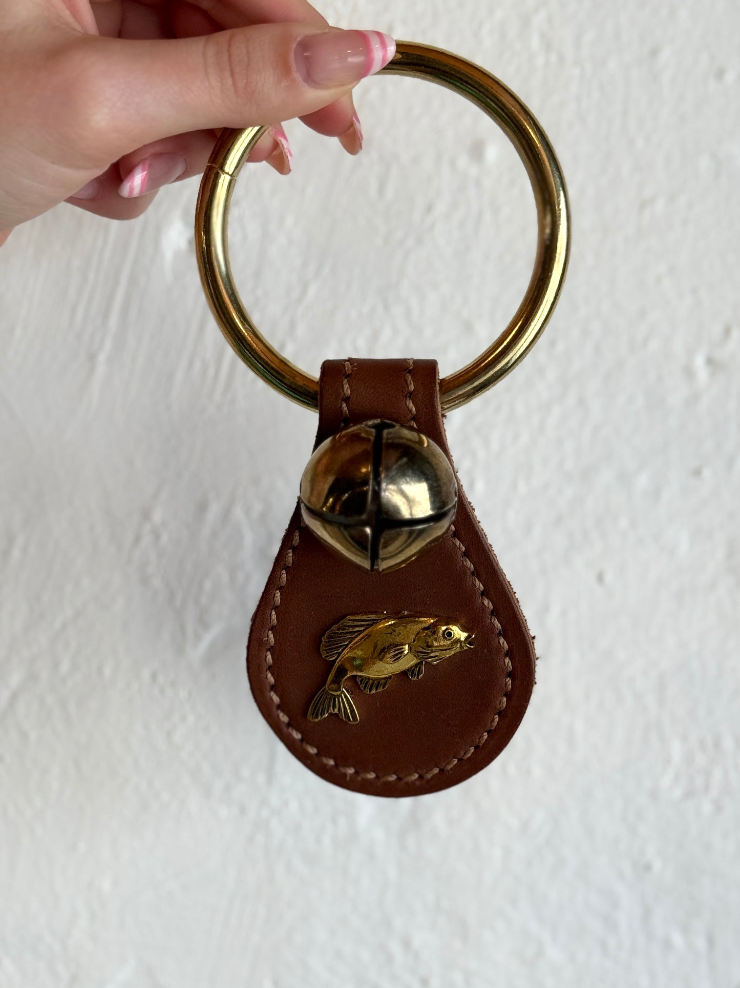 Bass Fish with Single Brass Bell on Ring- Brown Leather