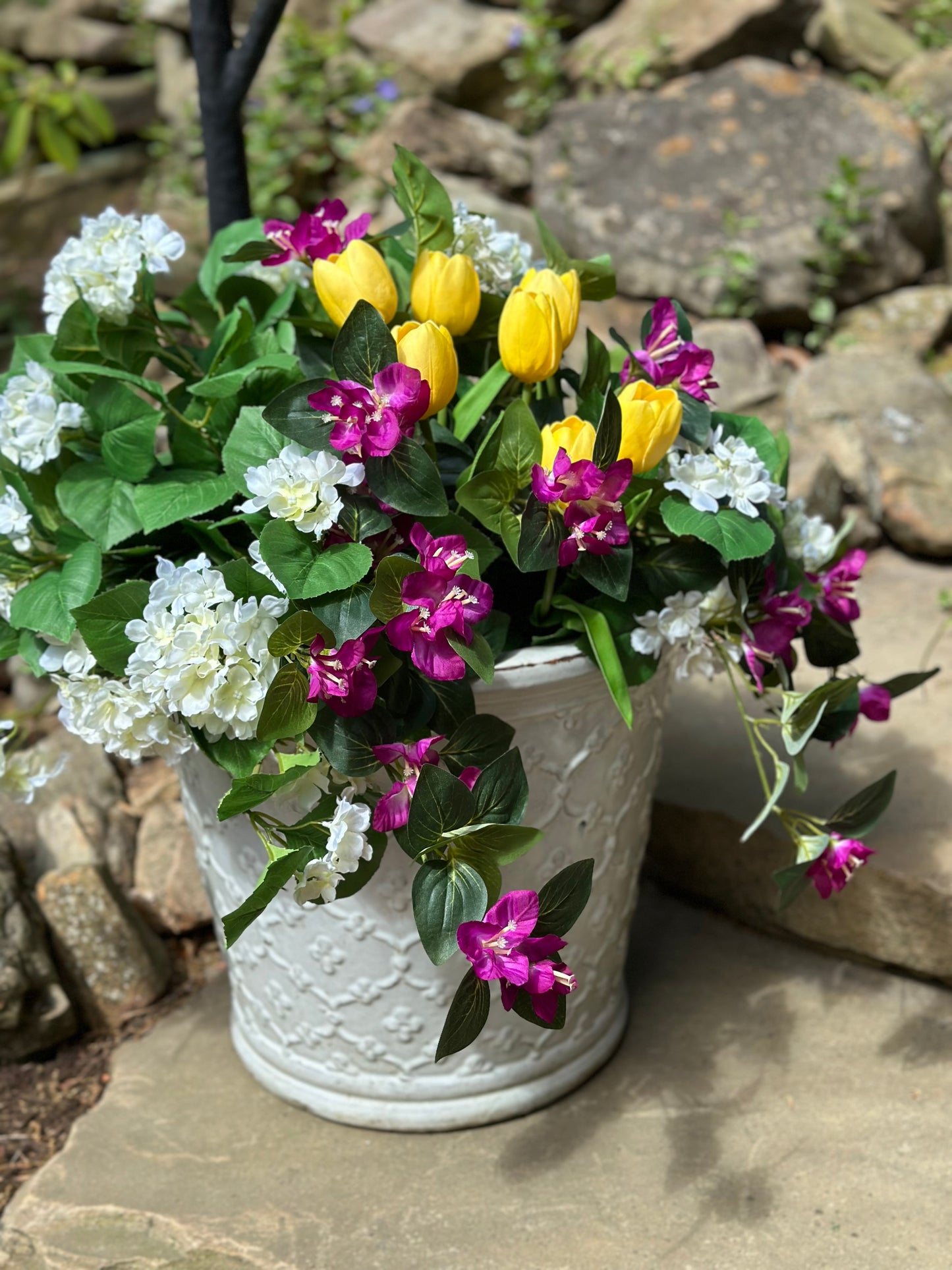 Yellow Tulip, Bougainvillea, Hydrangea Planter