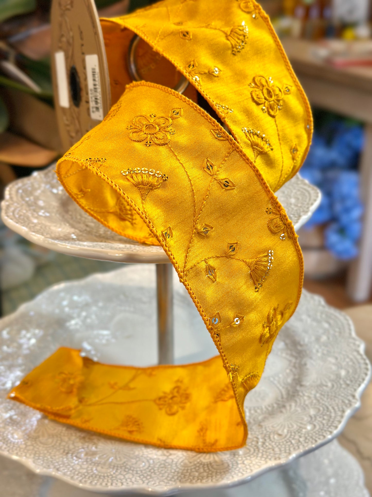 2.5" dupion sequin embroibery floral, golden rod