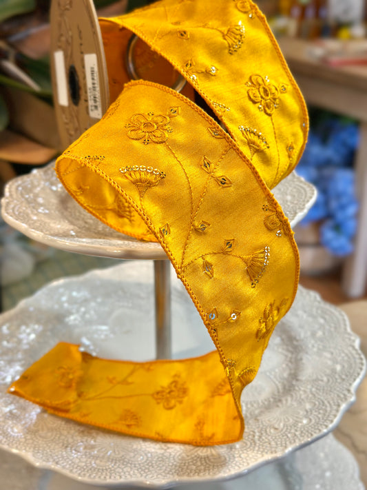 2.5" dupion sequin embroibery floral, golden rod