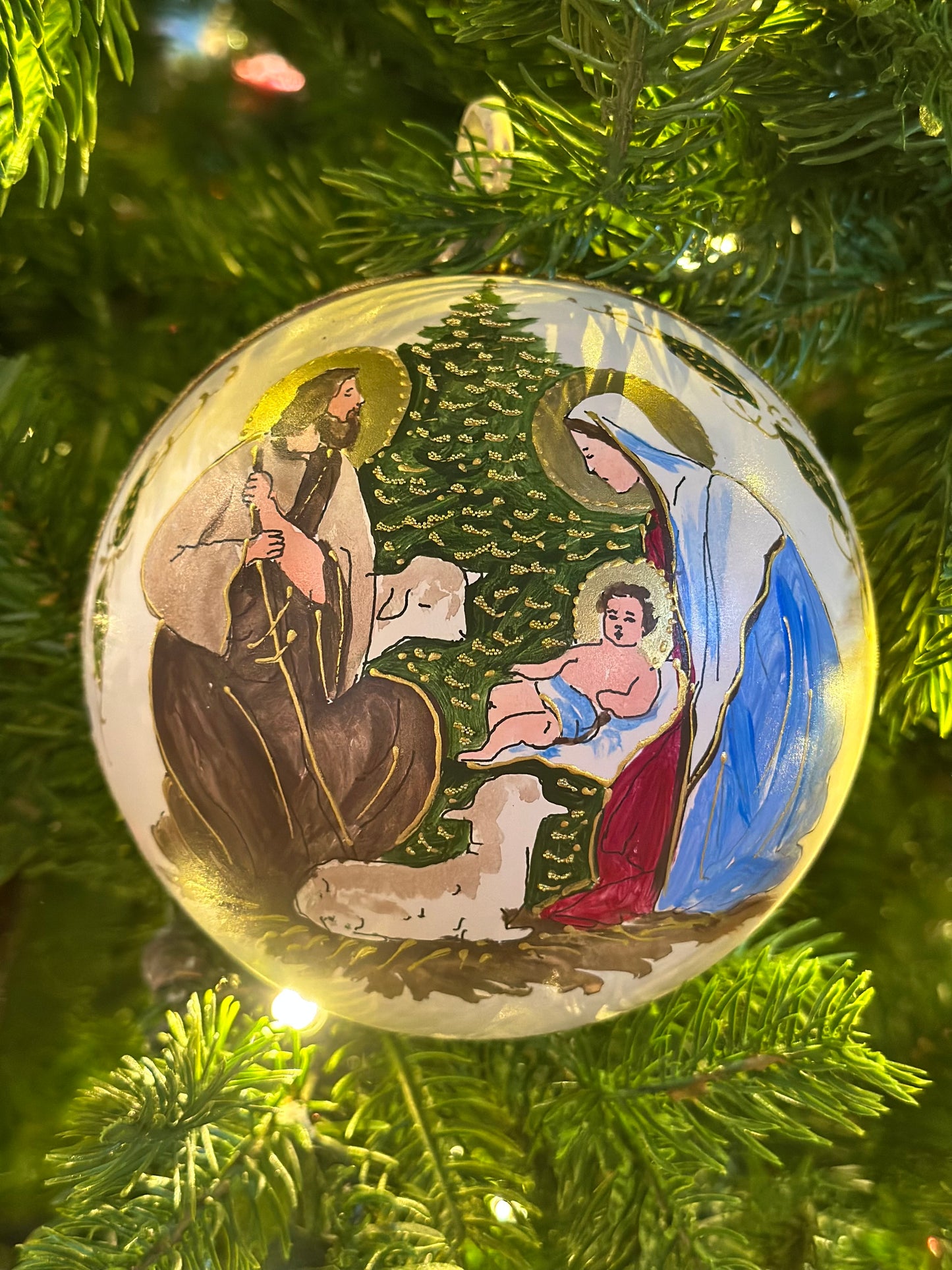 Hand Painted Nativity Scene & Poinsettia Ornament