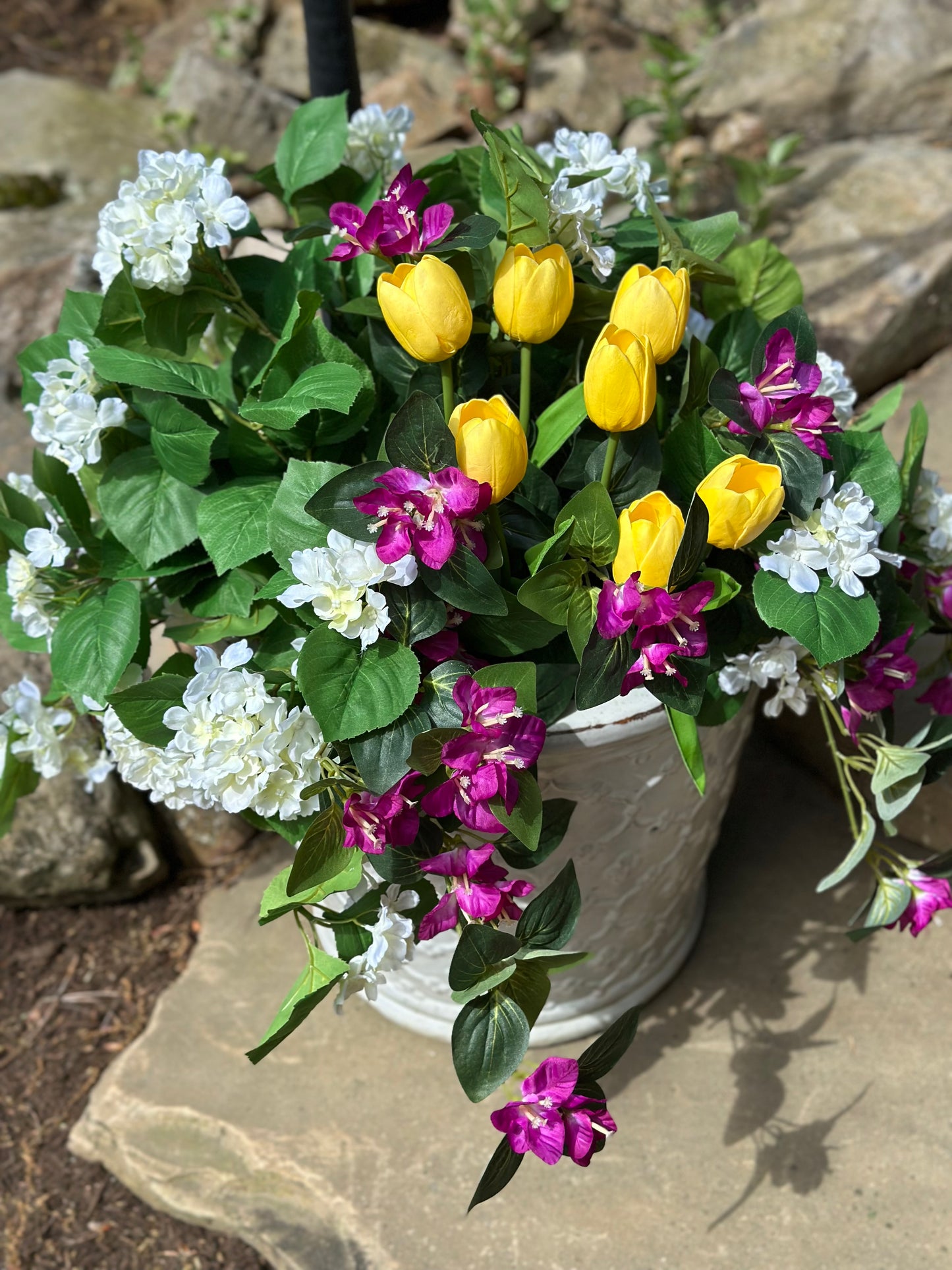 Yellow Tulip, Bougainvillea, Hydrangea Planter