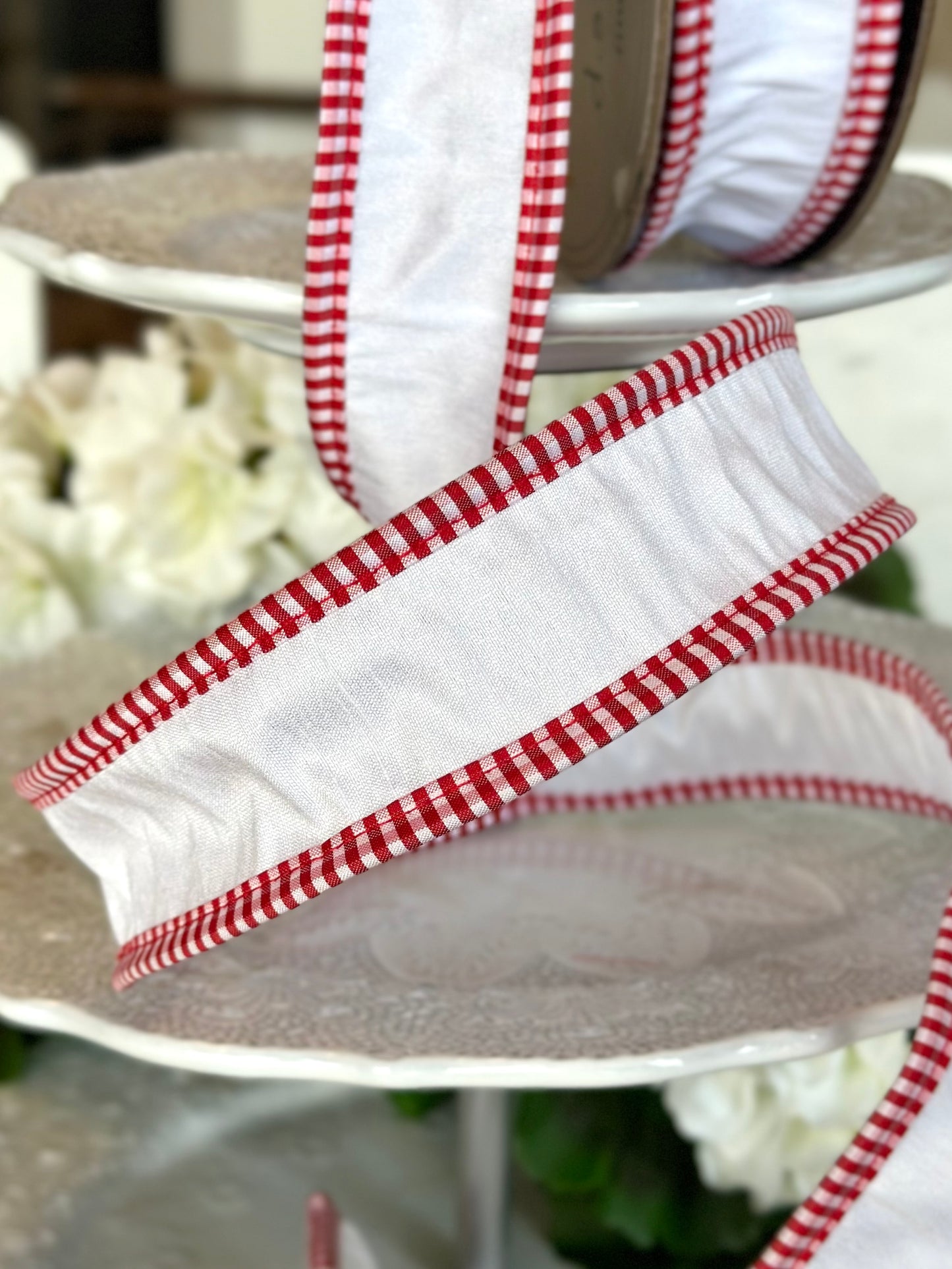1.5" wide, faux dupion red-white check edge, pearl white