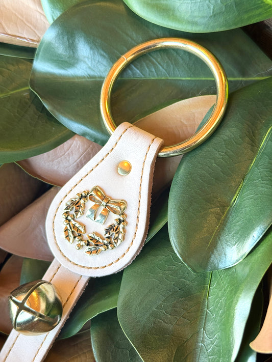 Belsnickel - 15” Wreath Charm on Ivory Leather Strap w/ 3 Brass-Plated Bells
