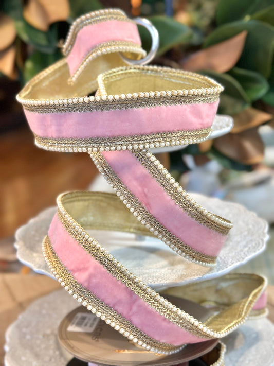 1.5" Wide, velvet white pearl trim, strawberry pink. 5 yard roll