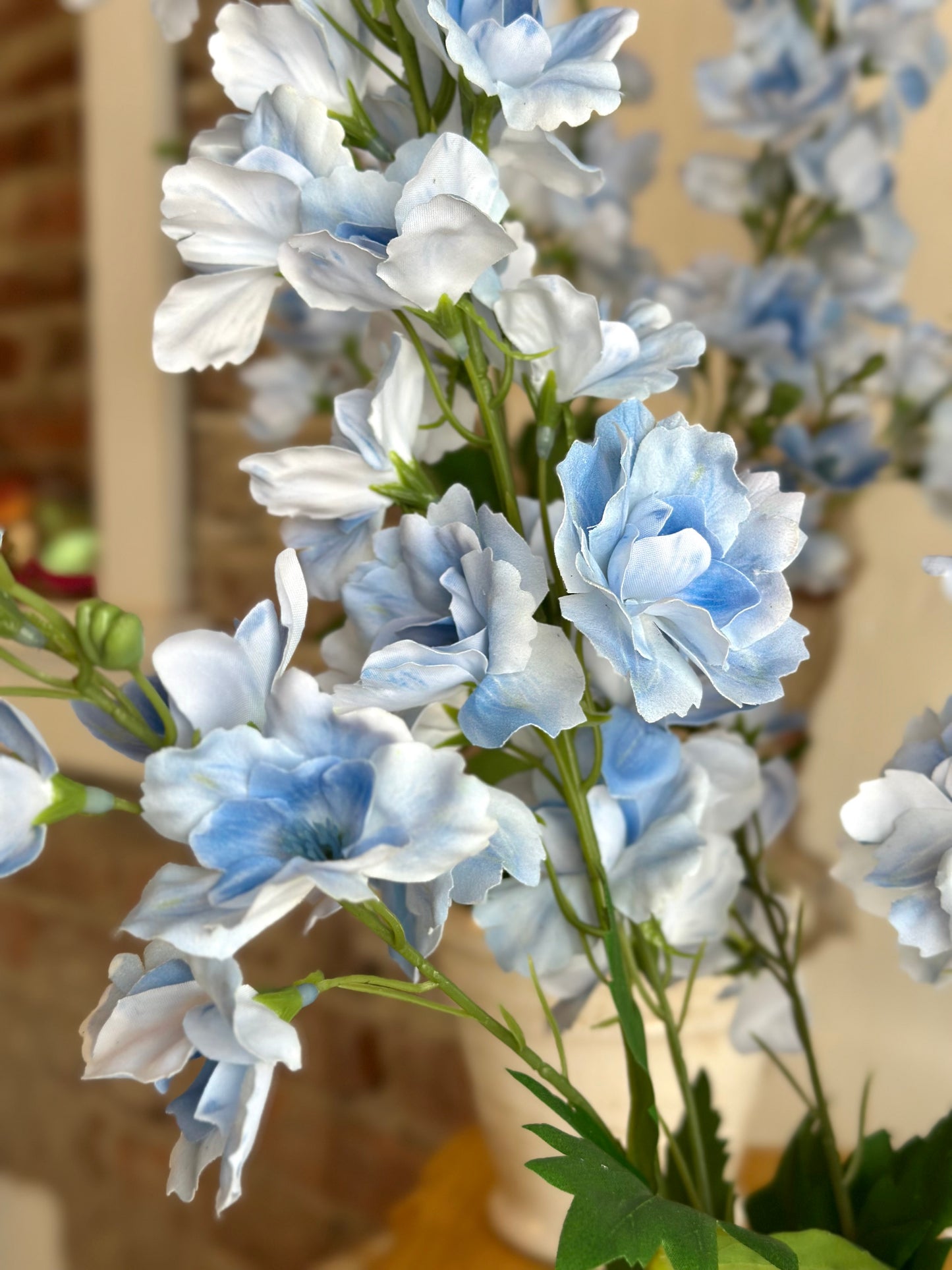 Blue Delphinium in White Aged Pot