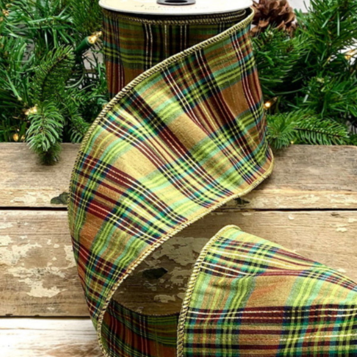 4" Metallic Dupioni Plaid Green and Gold