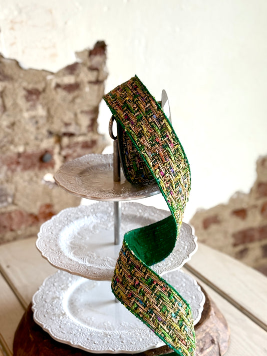 2.5" Emerald Jolly Tweed Ribbon - Sold by the yard