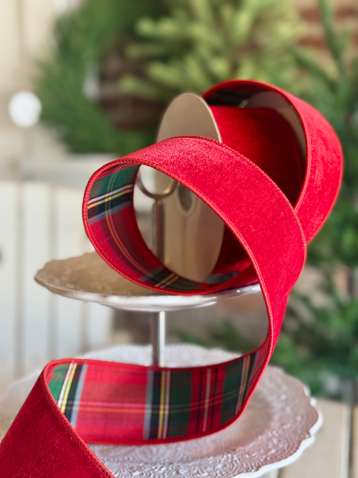 2.5" VELVET W/PLAID BACKING RIBBON -SOLD BY THE YARD