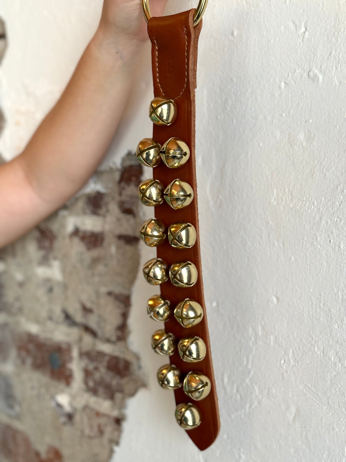 Belsnickel - 16” 2 Row Brass-Plated Bells, Chestnut Leather with Ring