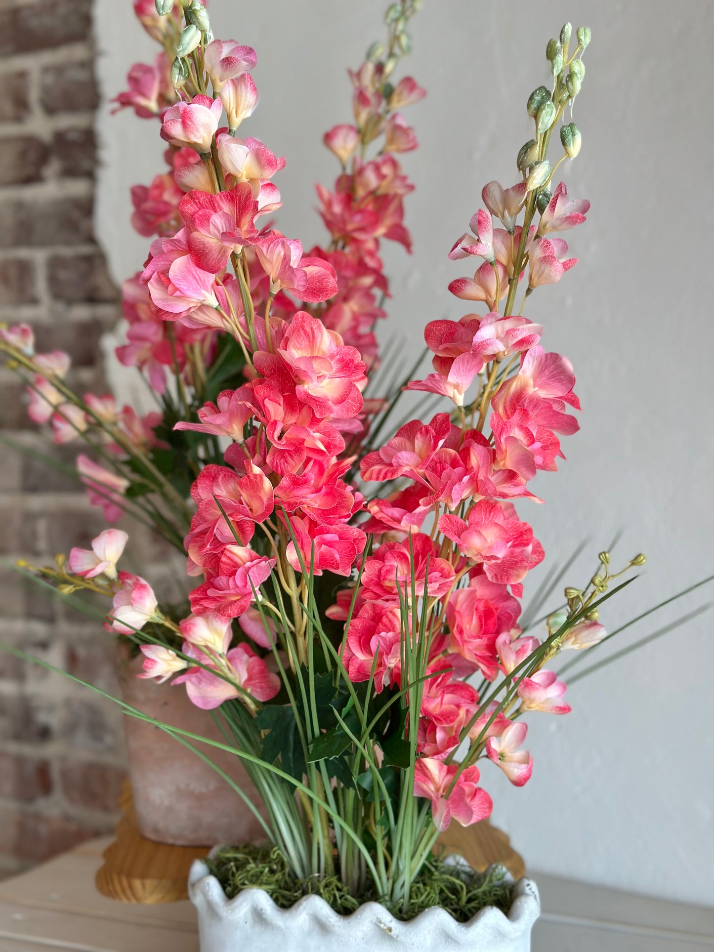 Pink Garden Delphinium in Clay Pot