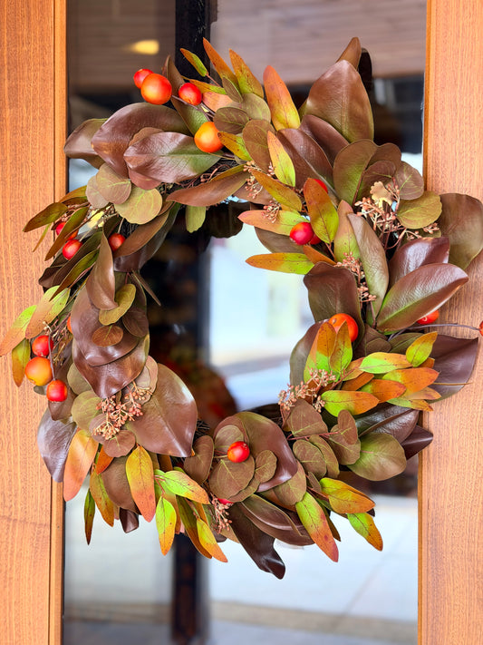 25" FALL MAGNOLIA & CRABAPPLE WREATH