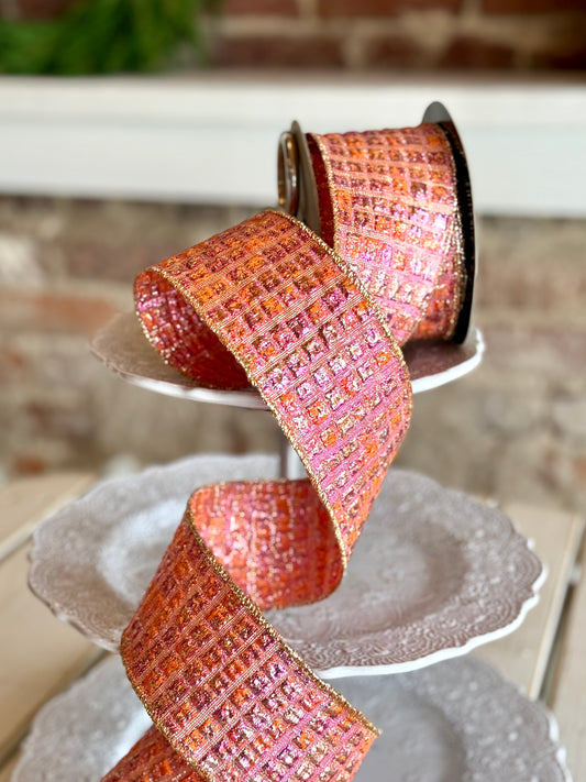 2.5" metallic jacquard squares, hot pink orange -SOLD BY THE YARD