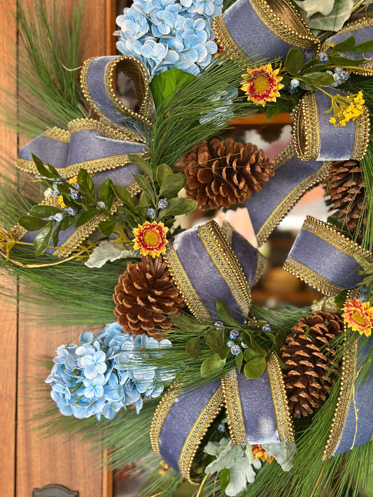 Blue Contessa and Pinecone Wreath