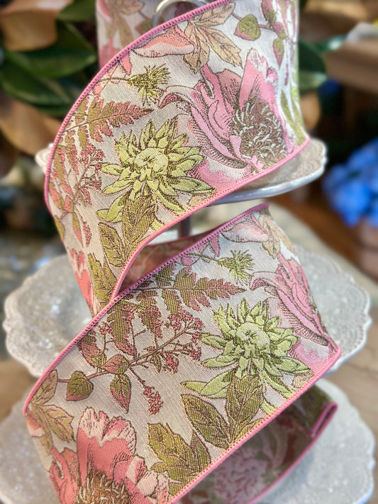 4" Wide, tapestry hydrangea roses, Green Edge to Match green hydrangea, green-pink. 10 yard roll