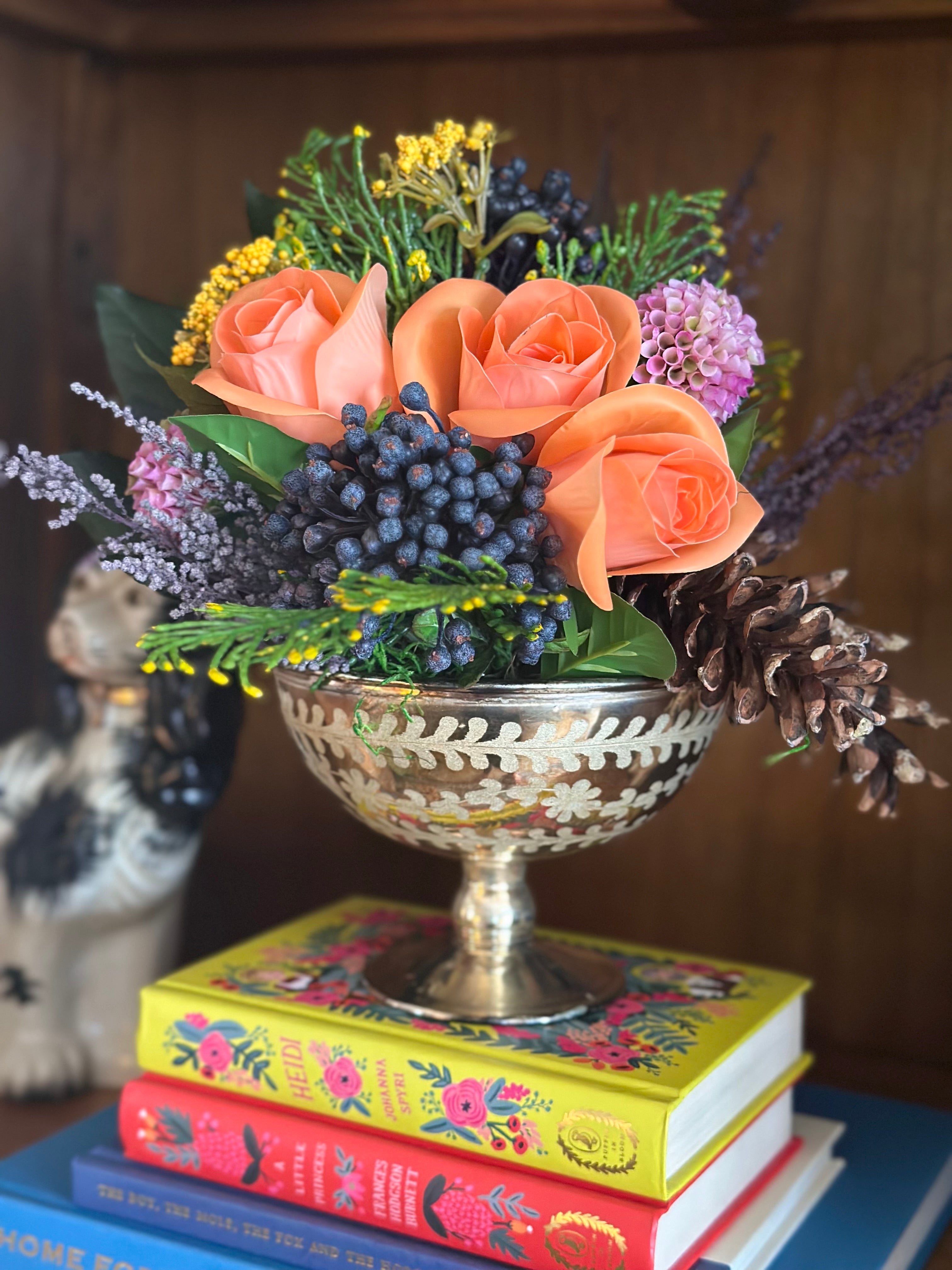 Orange Rose and Pinecone Arrangement