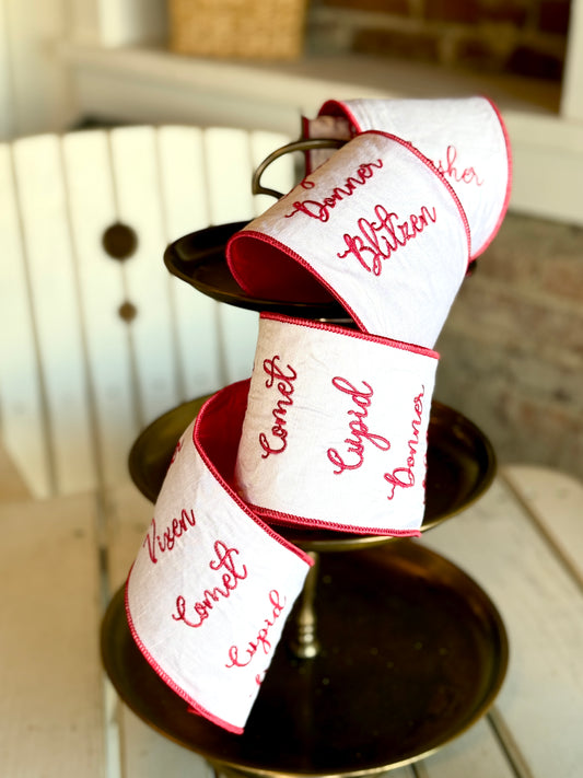 4” Satin Embroidery Reindeer Names, Red White, SOLD BY 2 FULL LISTS OF NAMES*