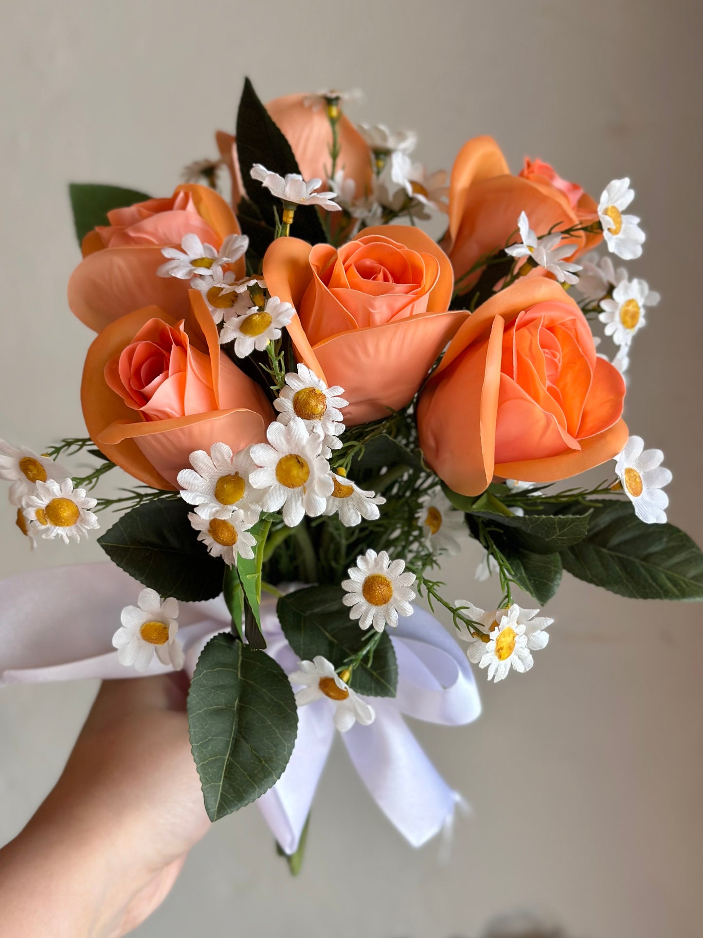 White Daisy & Orange Roses Bouquet