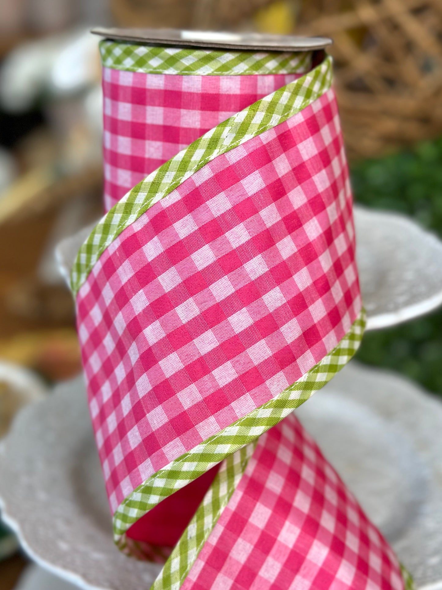 4" x 5yds Spring Gingham w/ Border Ribbon- Pink Green
