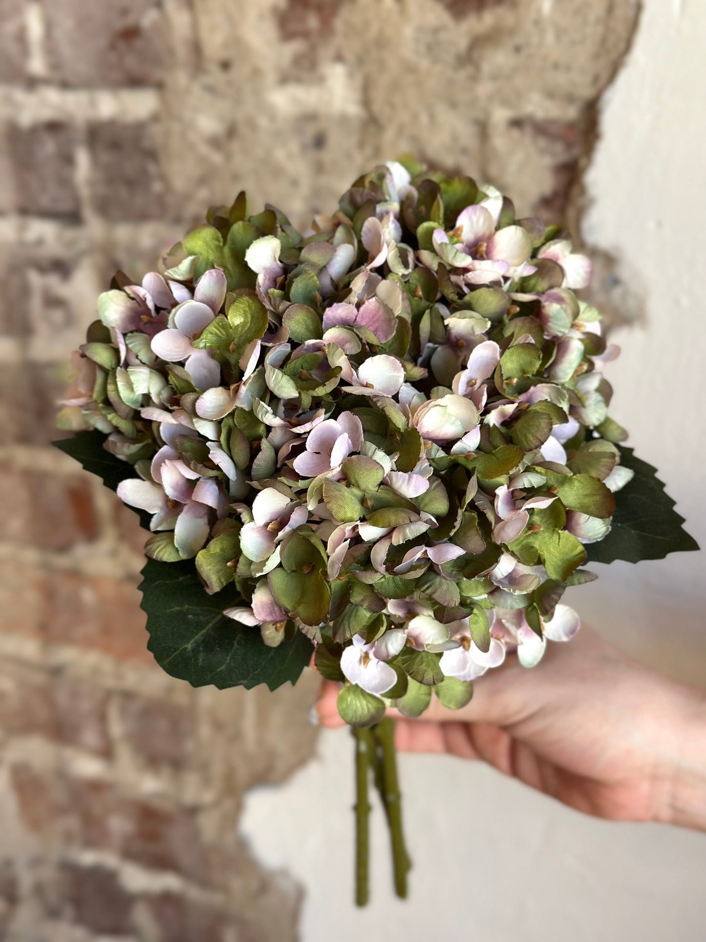 13" Vintage Hydrangea Bouquet- Moss/Green